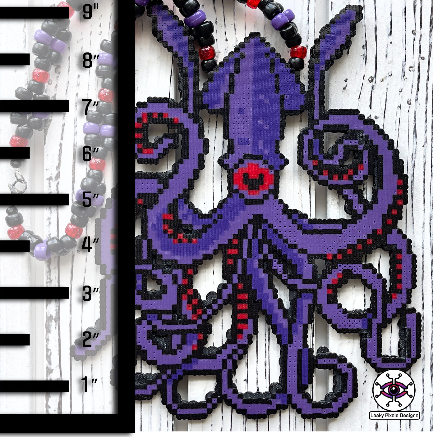 Dark purple kraken perler necklace with red eye and suckers. mysterious and dark. necklace is made of purple, black, red, silver and clear pony beads. high detail and quality.