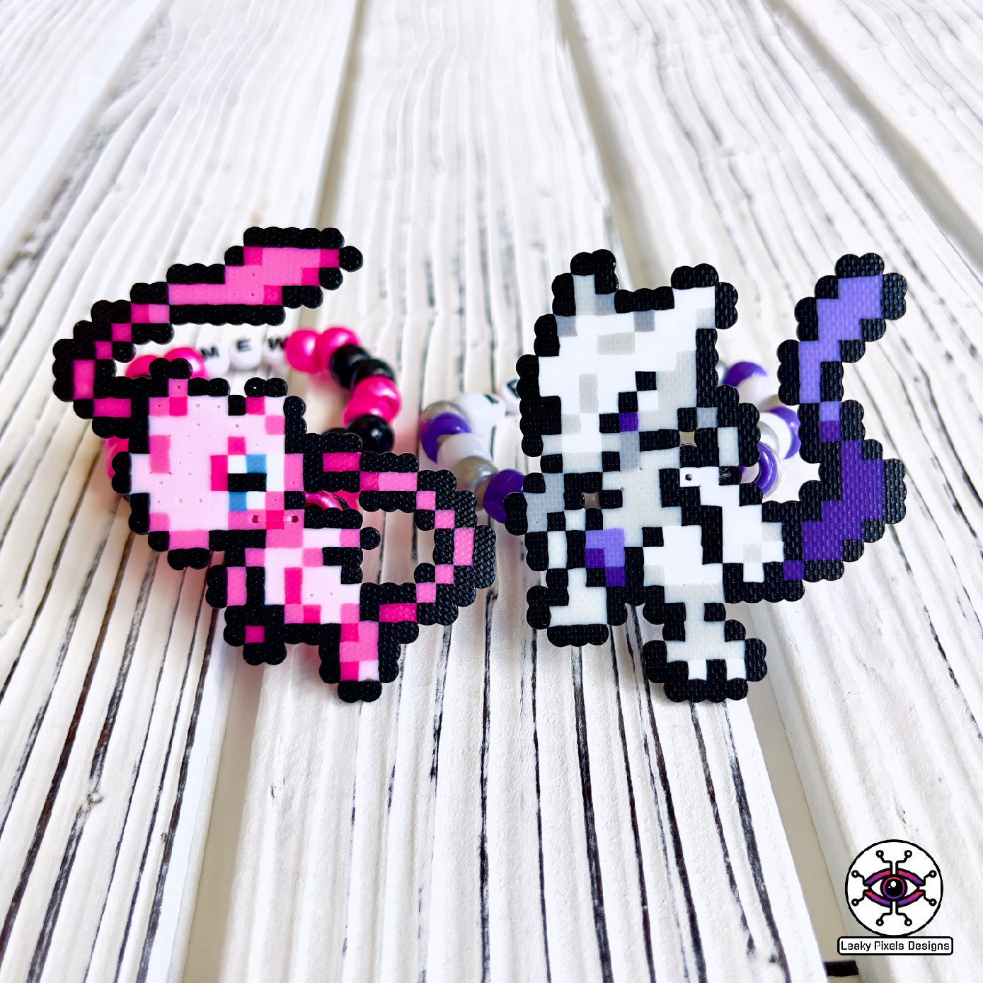 Mew and Mewtwo pokemon perler bracelets by leaky pixels