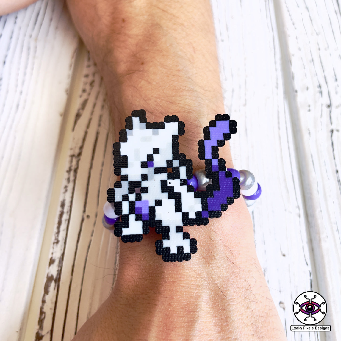 Mew and Mewtwo pokemon perler bracelets by leaky pixels