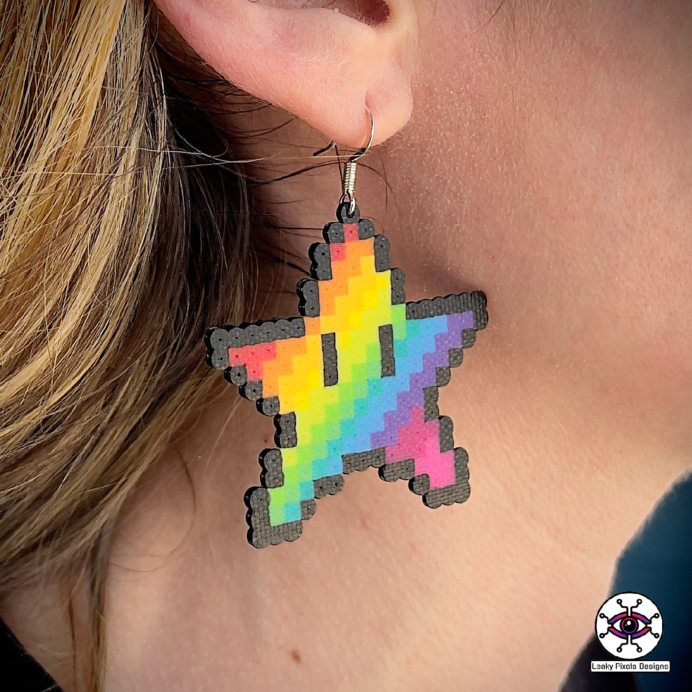 Rainbow super mario star perler earrings