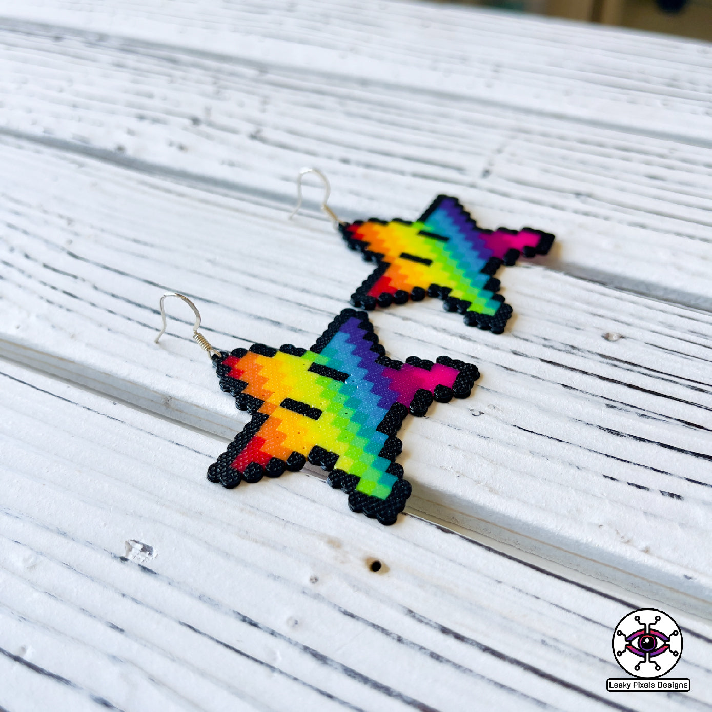 Rainbow super mario star perler earrings