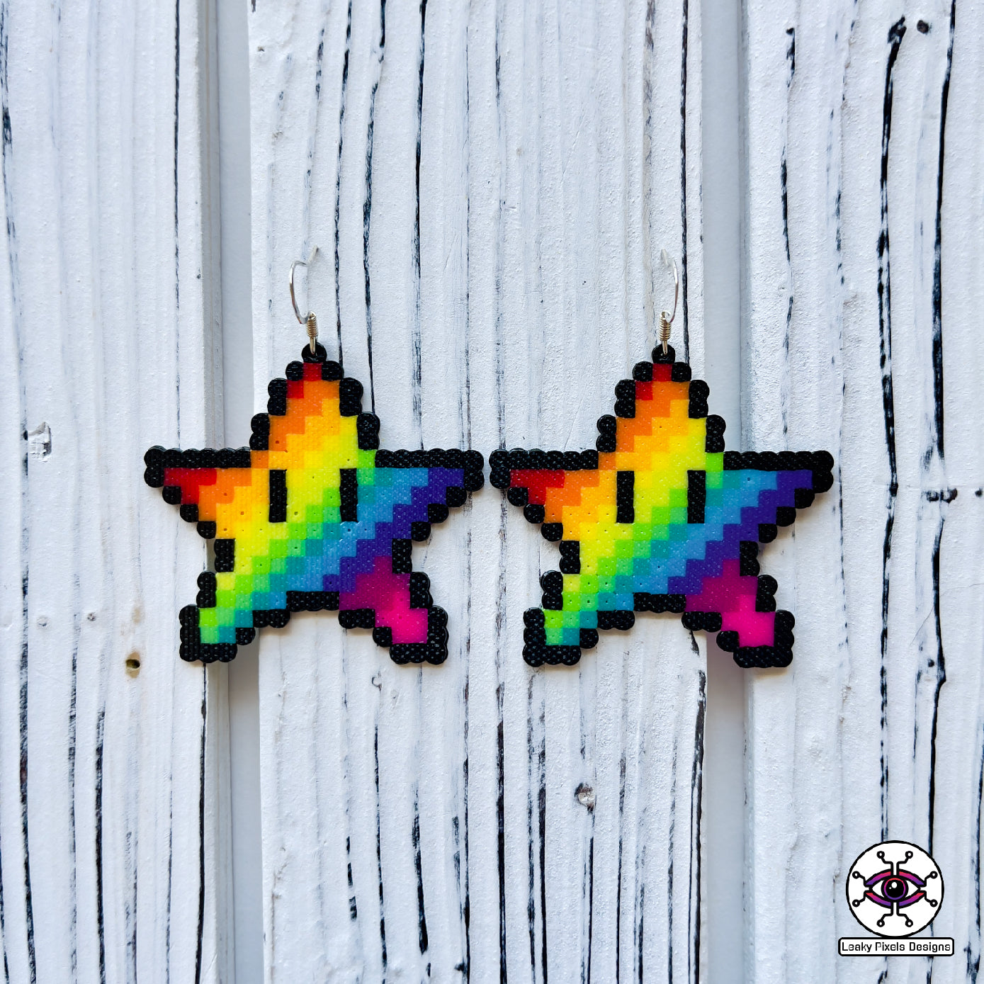 Rainbow super mario star perler earrings