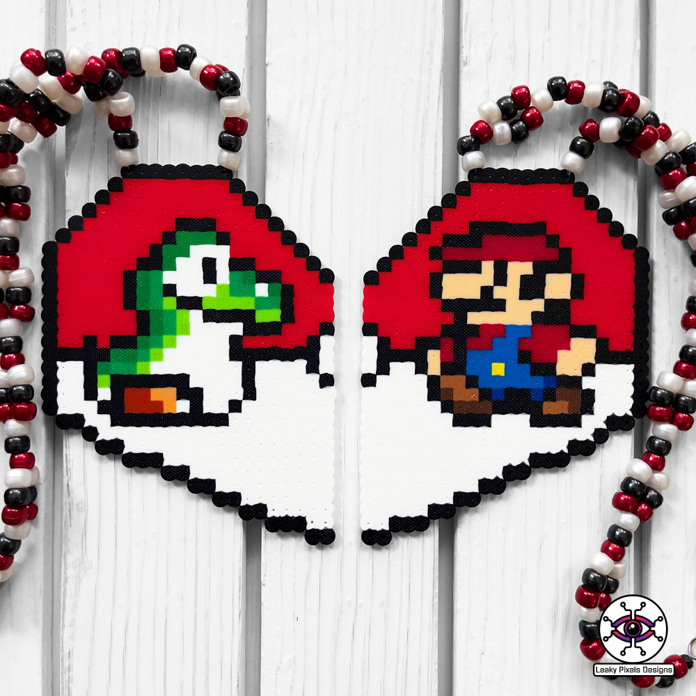 Yoshi and Mario perler necklace heart pokemon by leaky pixels